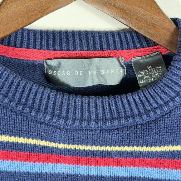 Oscar De La Renta Men's Size Medium Navy Blue with Stripes Heavy Knit Sweater - Picture 2 of 5